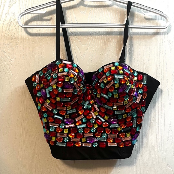 NWT Charmian Rhinestone Push Up Bra Bustier Cropped XL Club-wear Selena - Picture 1 of 13